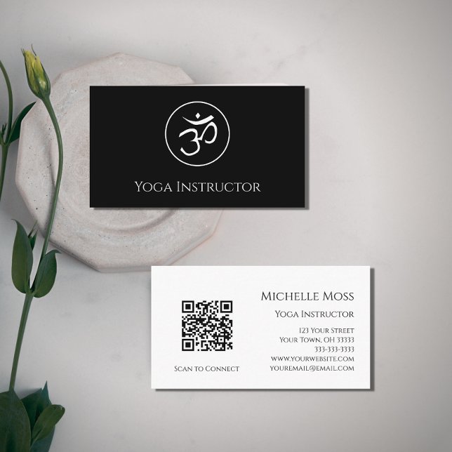 Carte De Visite Yoga Instructeur Om Symbole QR code noir blanc (Créateur téléchargé)