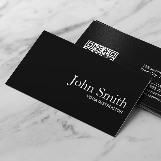 Carte De Visite Yoga instructeur Plain Black QR Code Minimaliste (Créateur téléchargé)