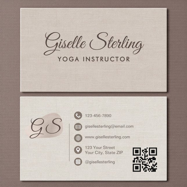 Carte De Visite Yoga Instructor Beige Linen Elegant QR Code (Créateur téléchargé)