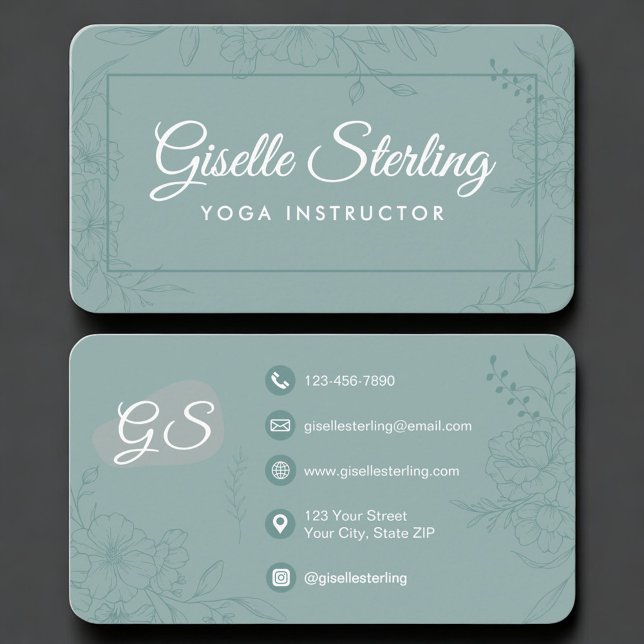 Carte De Visite Yoga Instructor Green Teal Floral (Créateur téléchargé)