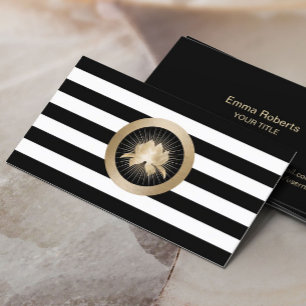 Carte De Visite Yoga Modern Gold Lotus Logo Stripes Noir & Blanc