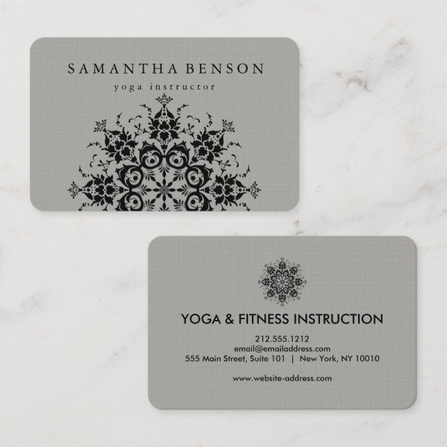 Carte De Visite Yoga noir et gris élégant de logo de fleur (Devant / Derrière)