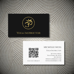 Carte De Visite Yoga QR code Om Symbole moderne Black Gold