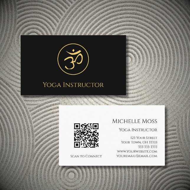 Carte De Visite Yoga QR code Om Symbole moderne Black Gold (Créateur téléchargé)