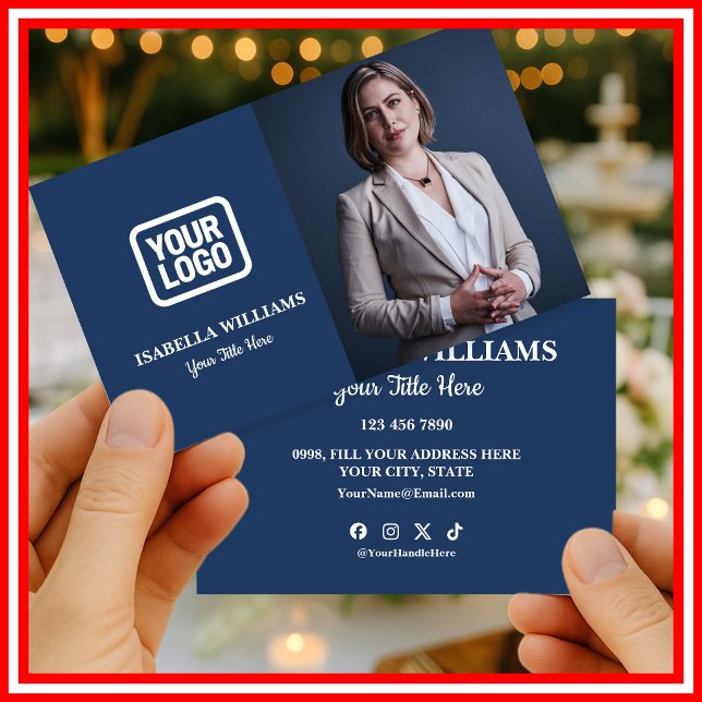 Carte De Visite Your Logo Here Simple Modern Photo Navy Blue (Créateur téléchargé)