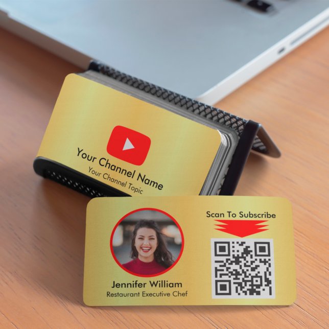 Carte De Visite Youtube Vlogger Golden et simple QR Code (Créateur téléchargé)