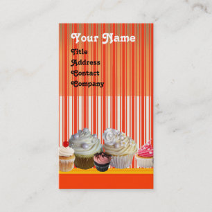 CARTE DE VISITE YUMMMMY CUPCAKE DESERT SHOP ORANGE RED WHITE STRIP