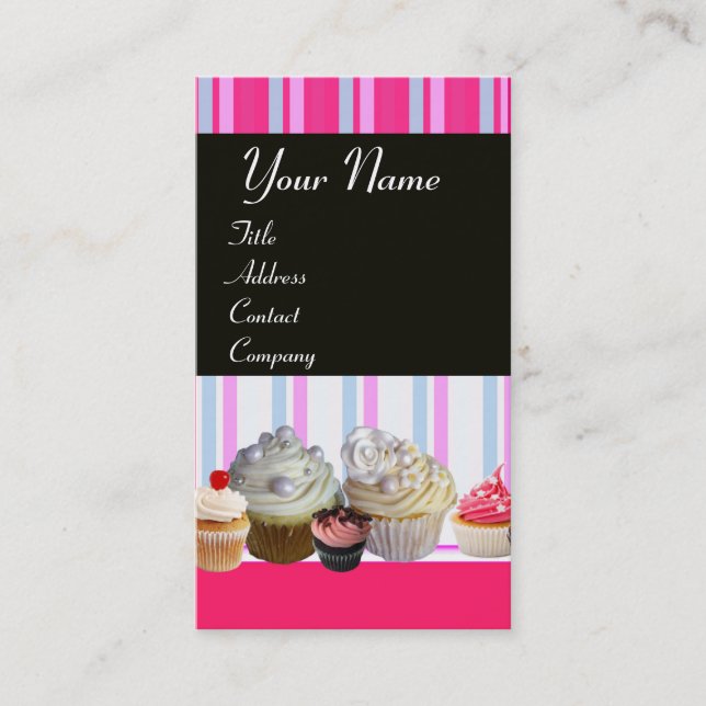 CARTE DE VISITE YUMMY CUPCAKES DESERT SHOP BLEU BLANC STRIPES ROSE (Devant)