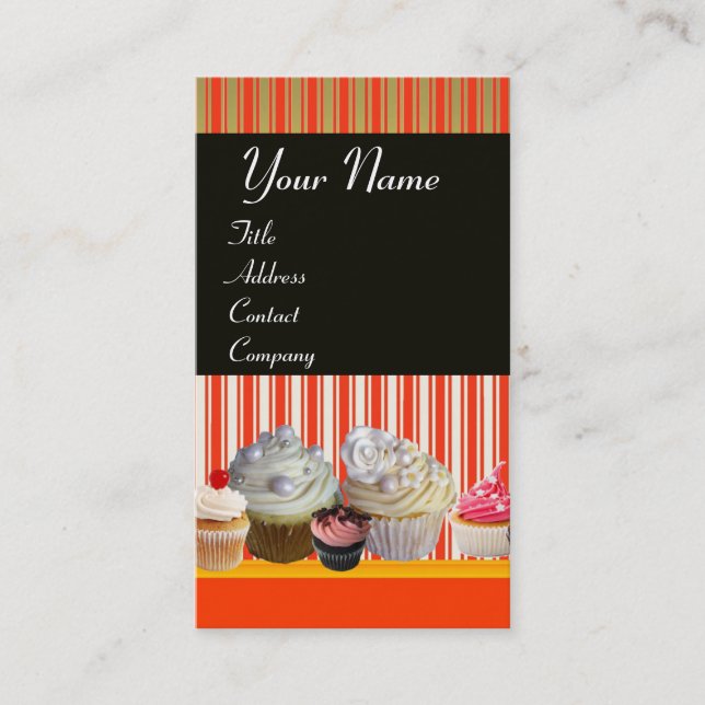 CARTE DE VISITE YUMMY CUPCAKES DESERT SHOP STRIPES ROUGES BLANCS (Devant)