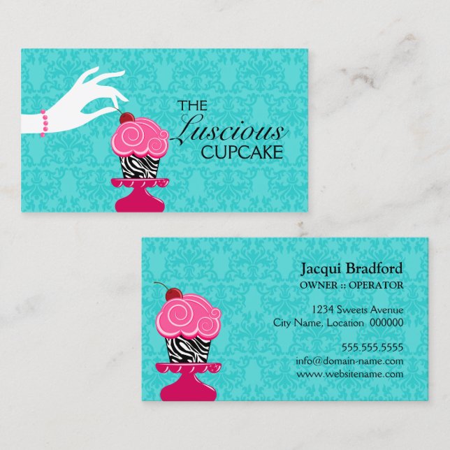 Carte De Visite Zebra Cupcake Turquoise Damask Bakery (Devant / Derrière)