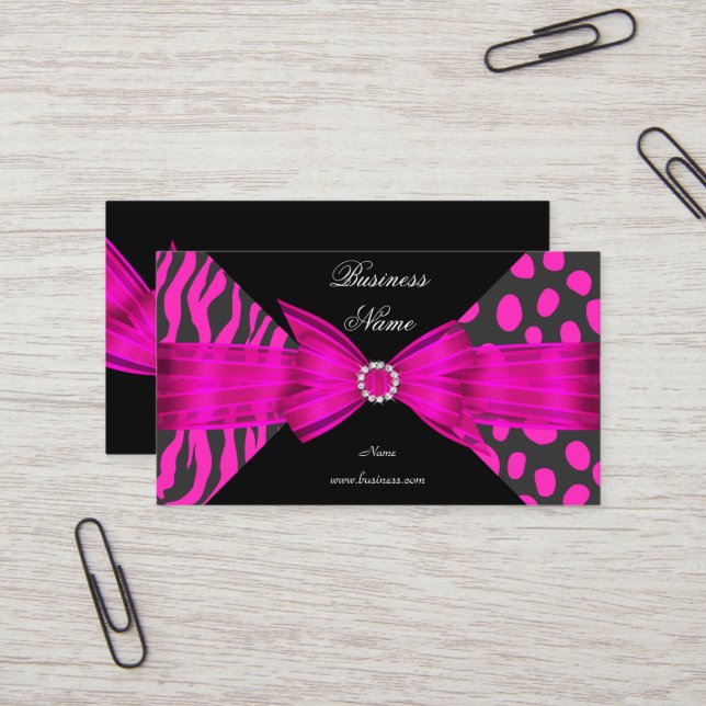 Carte De Visite Zèbre élégant Léopard Noir Rose chaud (Devant/Arrière en situation)