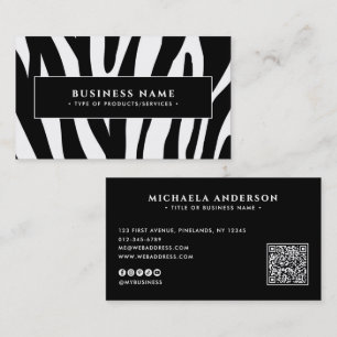 Carte De Visite Zèbre moderne Imprimer noir et blanc QR Code & Soc