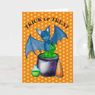 Carte de vœux 5" x 7" Chauve-souris et chaudron bo
