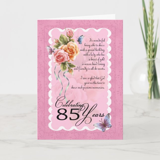 Carte de voeux 85e anniversaire - roses et papillo (Devant)