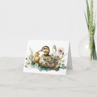 Carte de vœux à l'aquarelle Mère Canard et Caneton