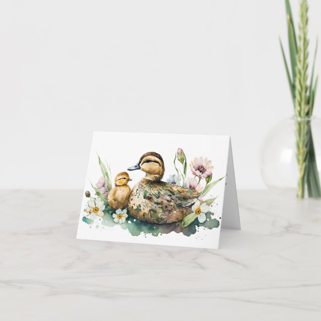 Carte de vœux à l'aquarelle Mère Canard et Caneton (Devant)