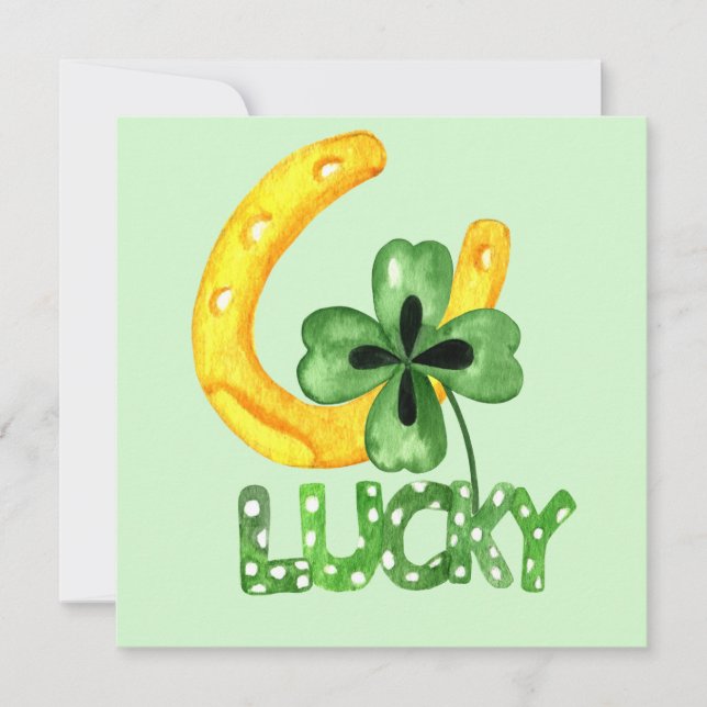 Carte de voeux à plat Lucky Shamrock & Horseshoe (Devant)