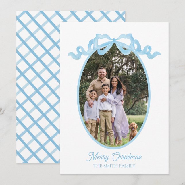 Carte de vœux à ruban bleu pour les fêtes en aquar (Devant / Derrière)