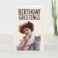 CARTE DE VŒUX ANCIENNE DAME VICTORIENNE AVEC CHAT