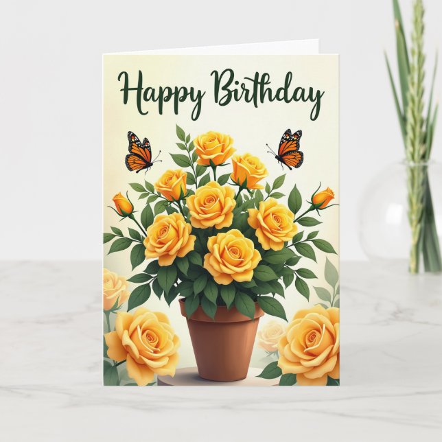 Carte de Vœux Anniversaire Rose Pot Doré (Devant)