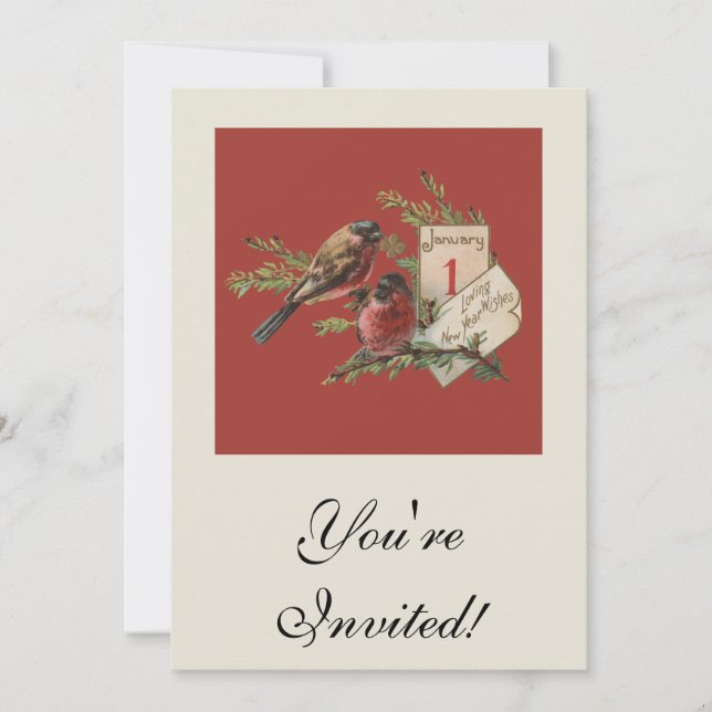 Carte de Vœux Antique d'Oiseaux de Nouvel An (Devant)