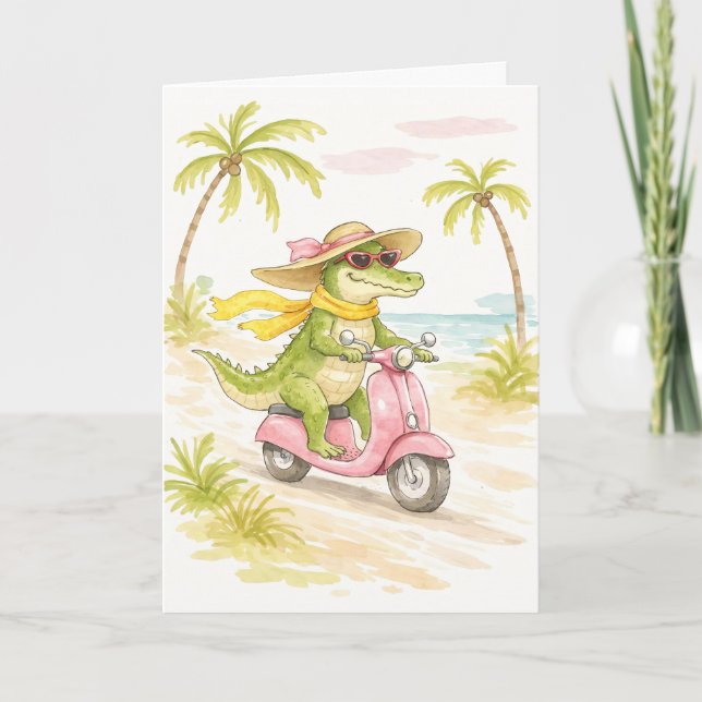 Carte de vœux aquarelle Crocodile de plage (Devant)