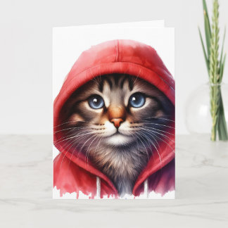 Carte de vœux aquarelle de chat mignon en capuche 