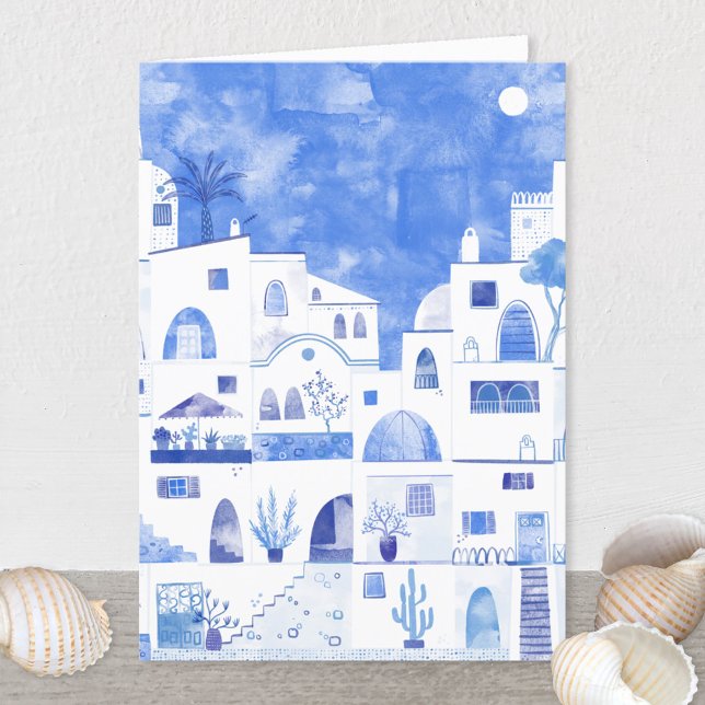 Carte de voeux Aquarelle grecque Santorini (Santorini blue and white watercolor painting on a greetings card)