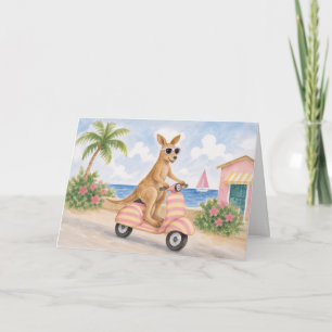 Carte de vœux aquarelle Kangourou Mobylette Plage