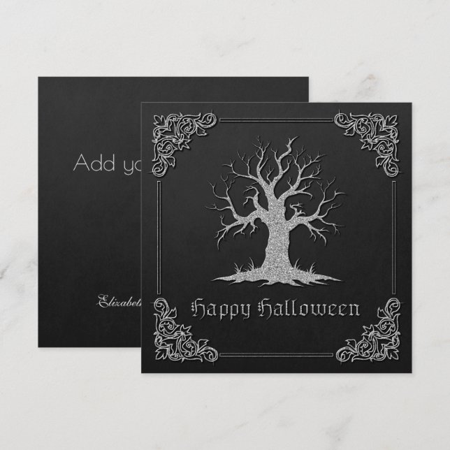 Carte de voeux Argent Éffrayant Arbre Halloween (Devant / Derrière)