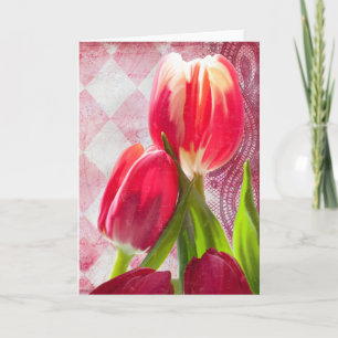 Carte de voeux Arlequin, tulipes roses chaudes
