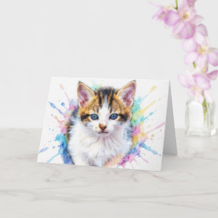 Carte de vœux artistique aquarelle chaton félin