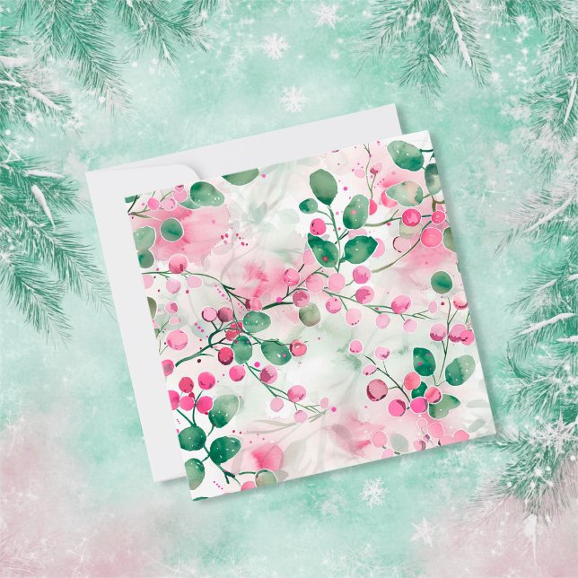 Carte de vœux artistique de fêtes avec des baies r (Elegant Pink Berries Floral Christmas Art Card)