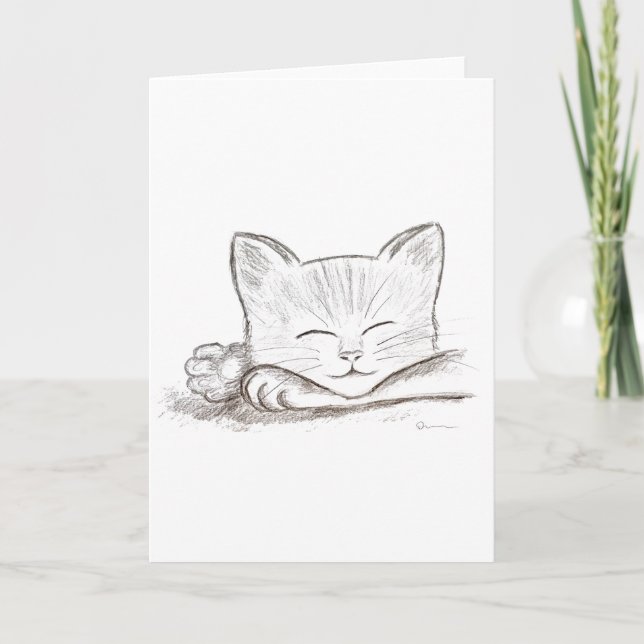 Carte de vœux au crayon représentant un chat endor (Devant)