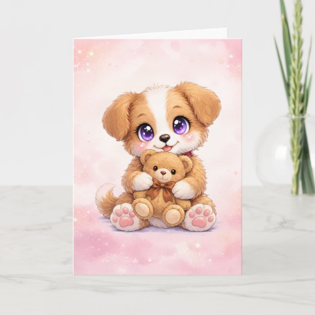 Carte de vœux avec un chiot mignon qui étreint un  (Devant)