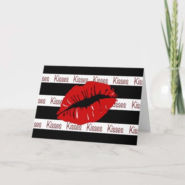 Carte de vœux B/W Stripes Red Kiss Lips (Devant)