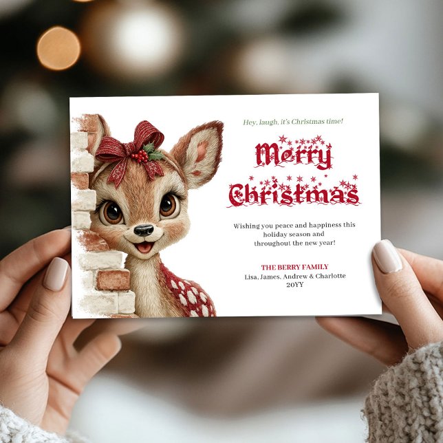 Carte de vœux bébé faon de Noël ravissante  (Delightful Christmas baby fawn peeking greeting card)