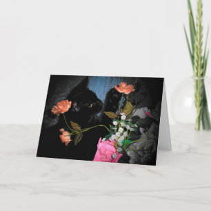 Carte de voeux Black Kitty et fleurs
