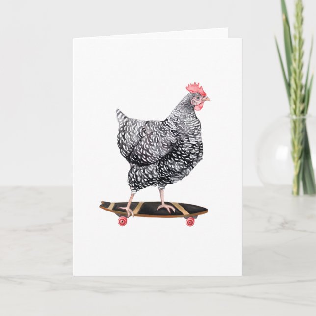 Carte de voeux blanche de poulet sur skateboard (Devant)