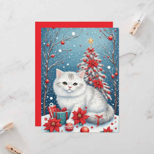 Carte de voeux blanche en chat (Devant/Arrière en situation)