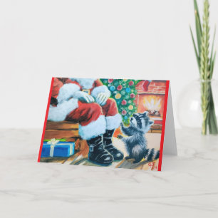 Carte de voeux blanche père Noël & Raccoon