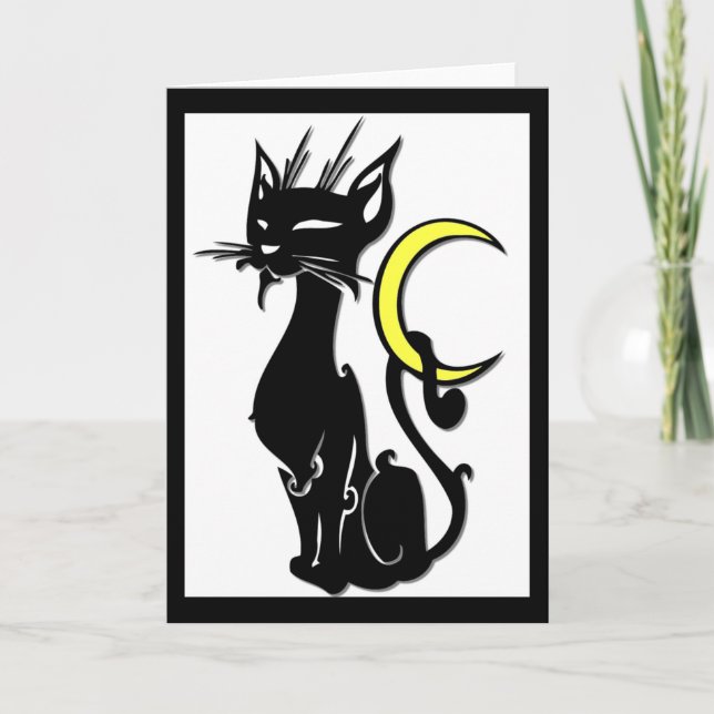 Carte de voeux blanche pour chat avec lune (Devant)