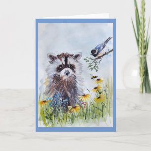Carte de voeux blanche Raccoon et Spring Friends