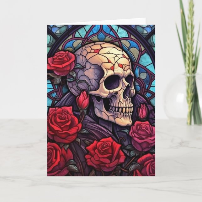 Carte de voeux blanche V2 Skull & Red Roses (Devant)