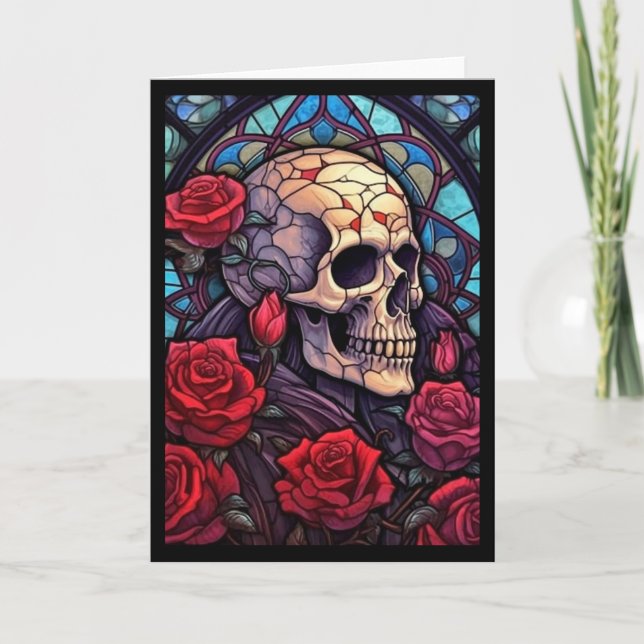 Carte de voeux blanche V3 Skull & Red Roses (Devant)