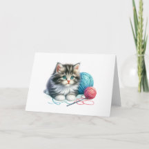Carte de voeux bleu et rose Tabby Charm Tabby Blan