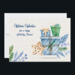 Carte de voeux bleue de la saison des Fêtes<br><div class="desc">Une carte de vacances aquarelle avec des cadeaux, des branches de pins, des baies et un ornement étoilé. (Photo de pikisuperstar sur Freepik). La carte est facile à customiser avec votre libellé, police et couleur de police. Pas exactement ce que vous cherchez ? Tous nos produits peuvent être conçus sur...</div>
