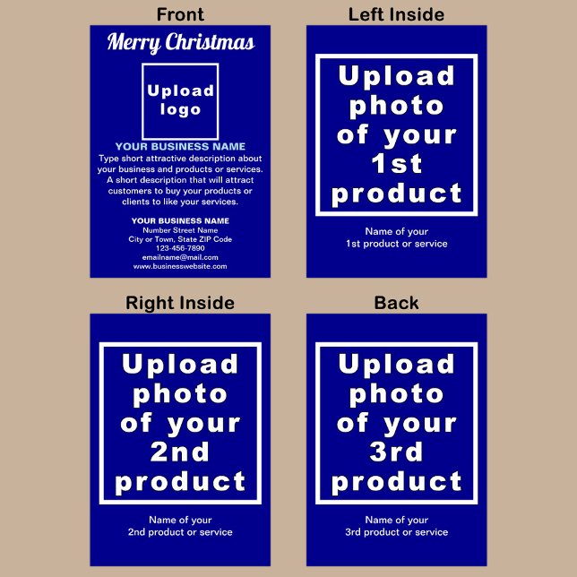 Carte de voeux bleue de Noël d'affaires (Blue Christmas folded greeting card with your business brand and products or services.)