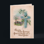 Carte de voeux bleue de Pâques de croix de fleur<br><div class="desc">Cette image chrétienne vintage de carte postale de Pâques montrant une croix faite de fleurs bleues avec une belle ferme au printemps à l'arrière-plan. Les mots,  "il s'est levé ! Réjouissez-vous ! Réjouissez-vous !" soyez sur l'intérieur.</div>