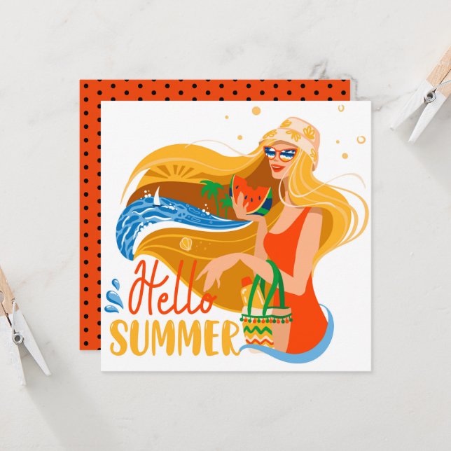 Carte de vœux Bonjour Fille de Plage d'Été (Devant/Arrière en situation)